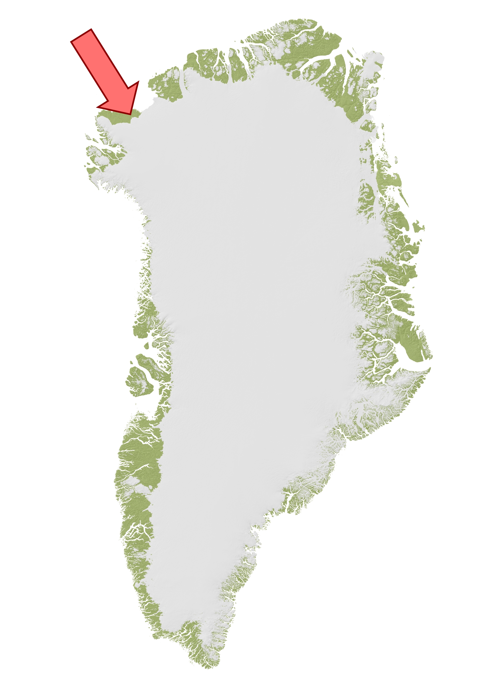 Map of Greenland showing the location of the Hiawatha impact crater in Inglefield Land, along the northwest margin of the Greenland Ice sheet.