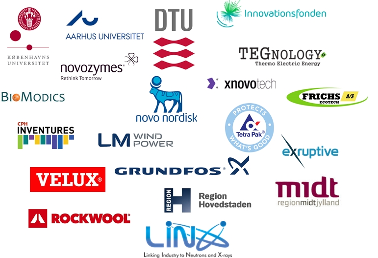 Logos of the collaboration partners: KU, AU, DTU, Velux, The Innovation Foundation, BioModics, novozymes, novo nordisk, Tegnology, xnovotech, Frichs, inventures, LM Wind Power, Tetra Pak, exruptive, Velux, Grundfos, Rockwool, the Capital Region, Region Central Jutland og Linx. 