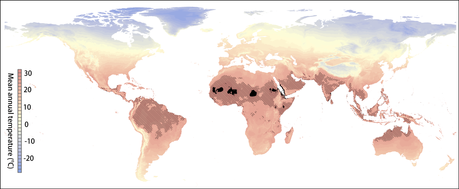 [Translate to English:] Et verdenskort viser med forskellige farver, hvordan temperaturerne vil ændre sig.