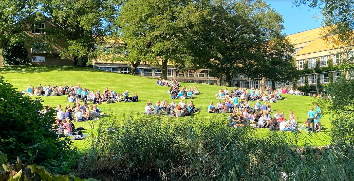 Nye studerende samlet i uniparken. Foto: Hanna Bak Andersen.